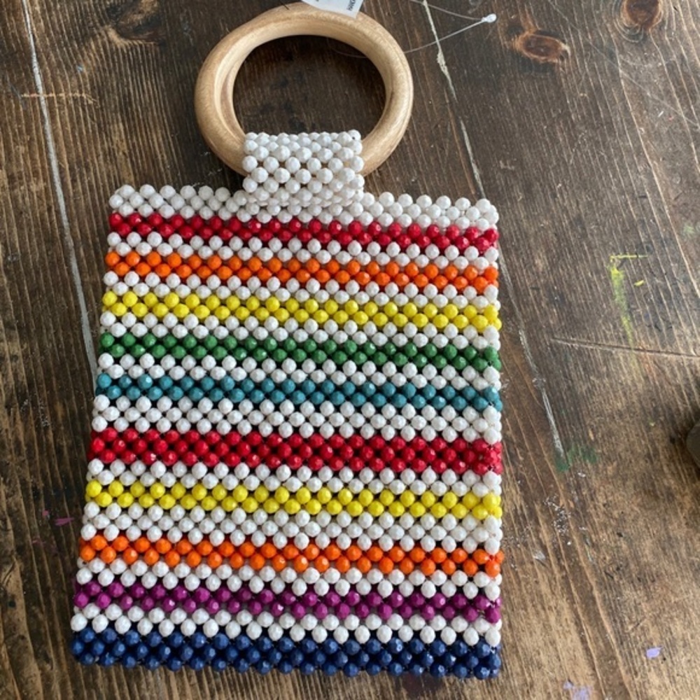 NWT handcrafted beaded bag with wooden handles💃
